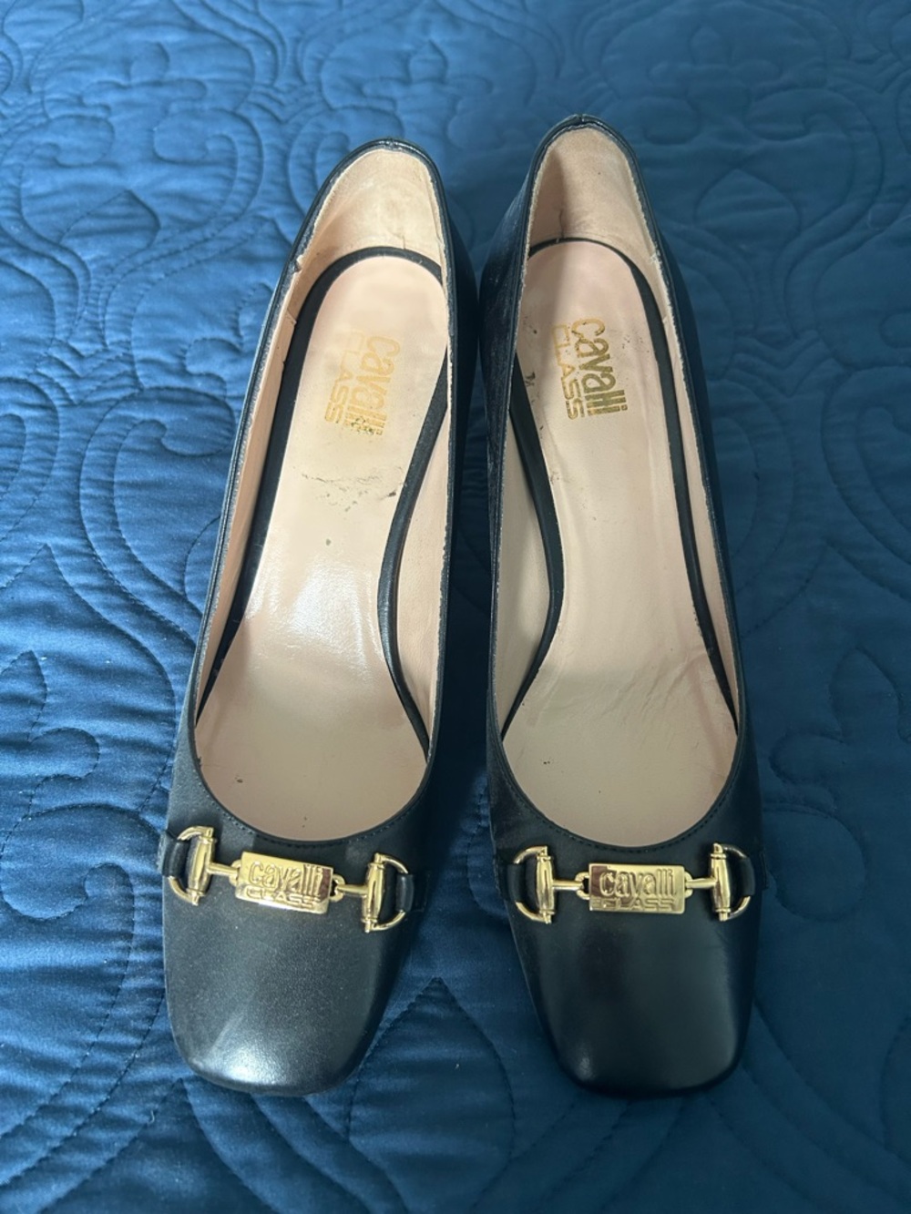 Cavalli Class Black Leather Low Heel Pumps with Gold Bit